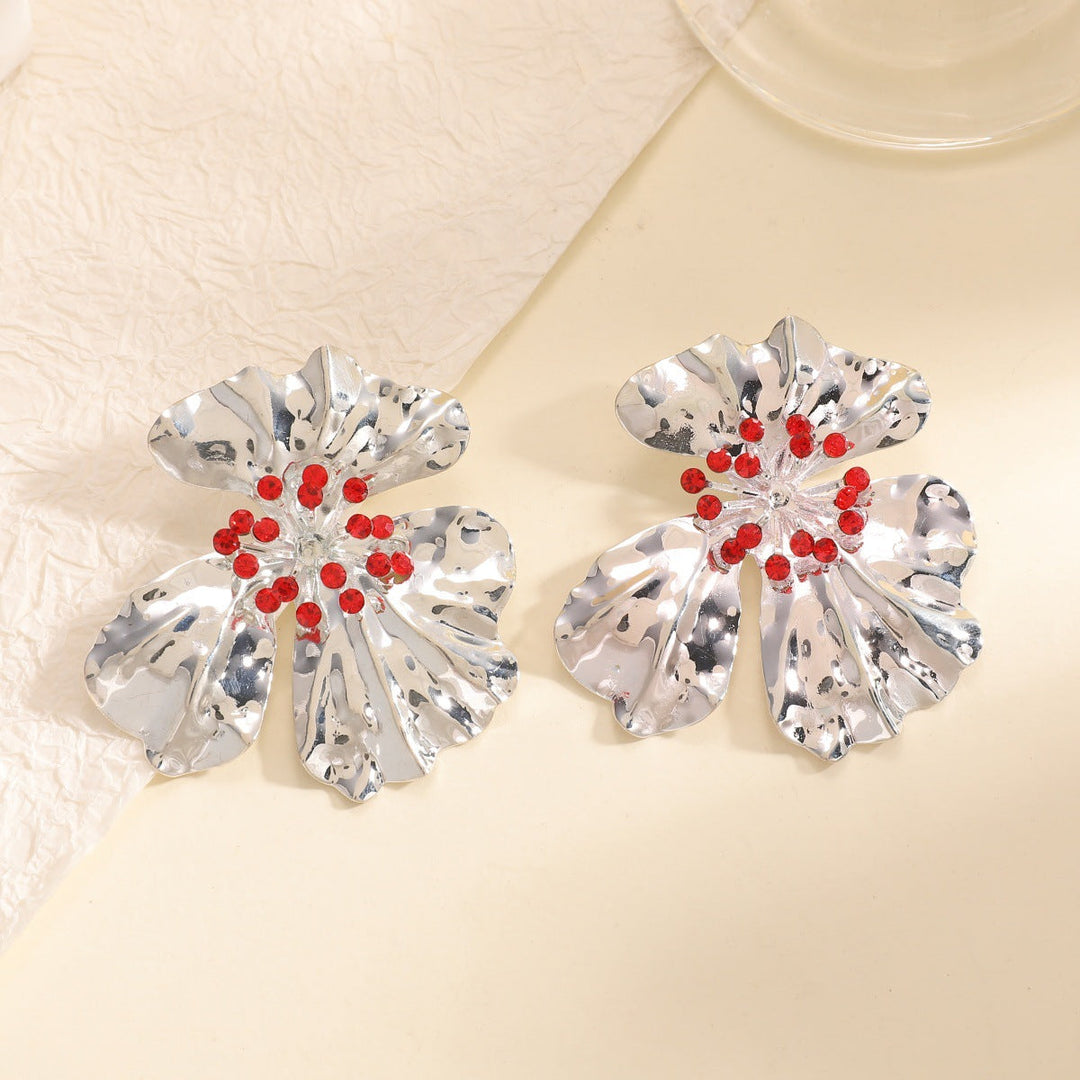 Women’s metal flower earrings with sparkling red accents Land Girl