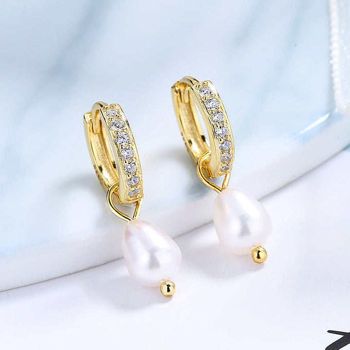 Ladies earrings with elegant zirconia decorations and pearl pendants Land Girl